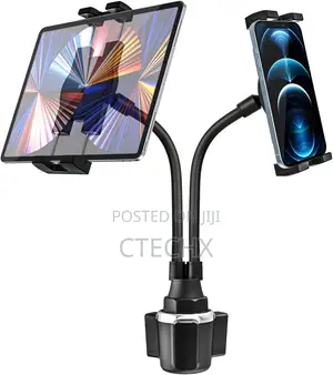 Adjustable Dual Car Cup Holder Tablet Mount for iPad, iPhone, Samsung