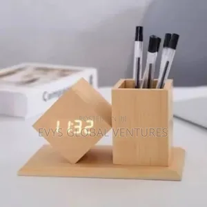 Wooden Digital Time Display Alarm Clock With Pen Holder
