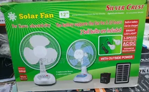 Silver Crest 12'' Inch Rechargeable Solar Table Fan + Panel+ 2 Bulbs