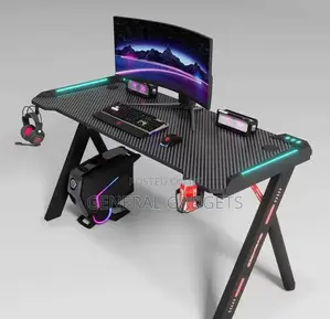 Rugged Gaming Table With Led Lights, Headphone Hook and Cup Holder