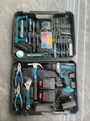 Household Tool Set With A 12v Cordless Electric Drill.
