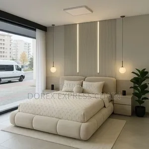 Modern Luxury Upholstered Bed Frame With Side Drawer & Led Wall Design