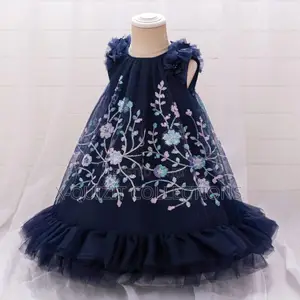 Girls' Navy Blue Sequin Floral Embroidery Party Dress (4y-7y)