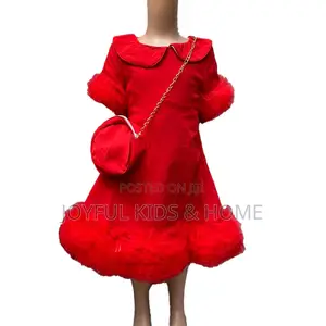 Girls Short Sleeve Party Dress With Purse -Nude and Red