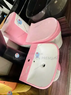 Pink and White Water Closet With Hanging Basin
