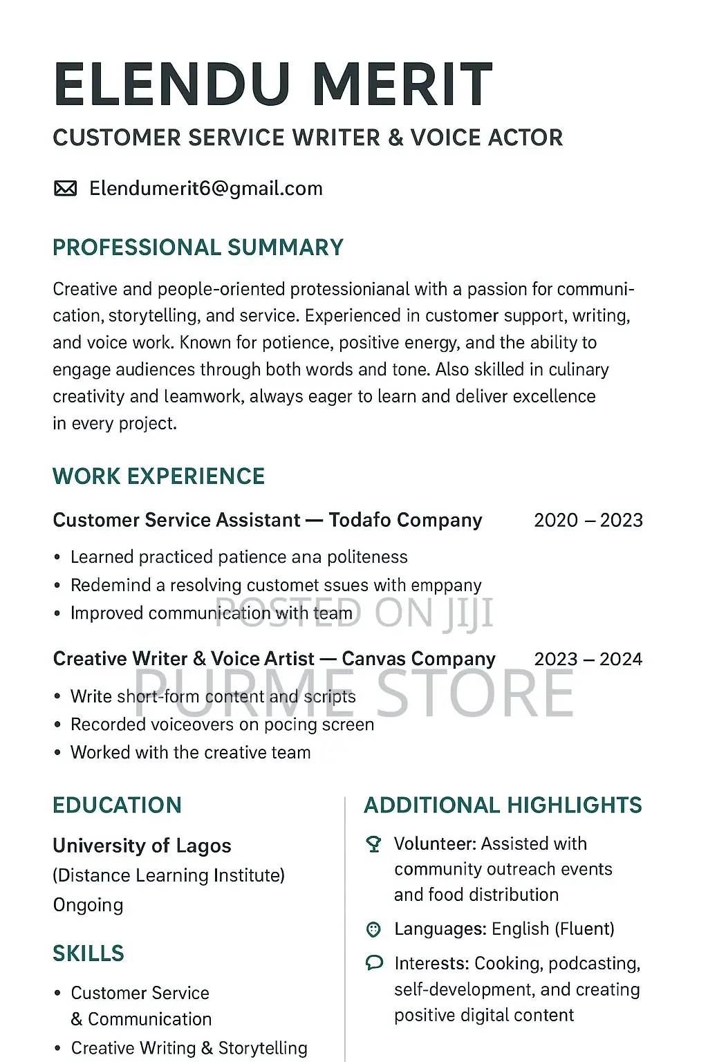 Part-Time Weekend CV