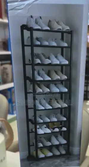 This Is a Black Metal 10-Tier Shoe Rack.