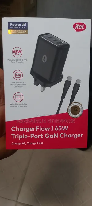 Itel Chargerflow I 65w Gan Charger Triple Port With 3a Type-C Cable