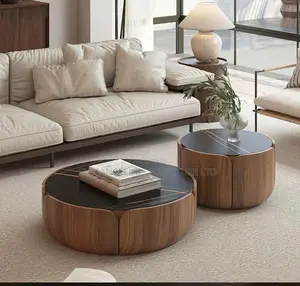 Modern Round Wooden Coffee Table Set – Minimalist Black Top Furniture