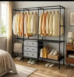 Freestanding Heavy-Duty Metal Clothes Rack With Storage Shelves.