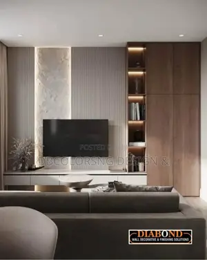 Luxury Media Wall Accent Finish- Pu Stone, Fluted Panel HDF Lagos