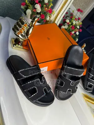 Luxury Hermes Black Leather Slides