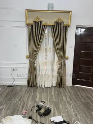 Curtains With Board Design And Antique Gold Design Complete Set