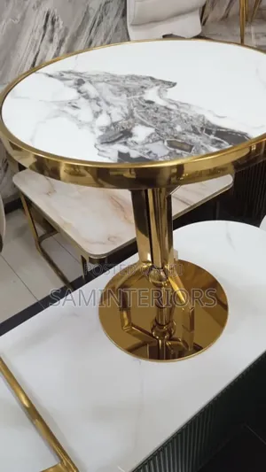 Classic and Modern Side Stool of Gold Frame and White Marble Top