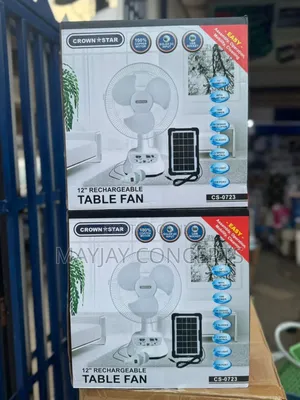 12" Crownstar Solar Rechargeable Table Fan With Panel and Bulbs