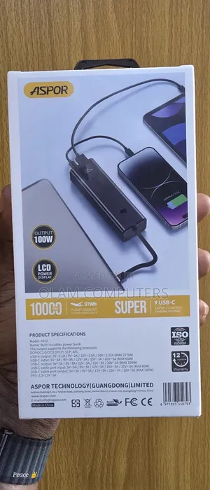 Aspor 10000mah Super Charging Power Bank 100w