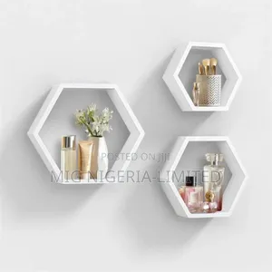 Wall Mount Wooden Shelves Hexagon Shape Set of 3 Wall Shelves White
