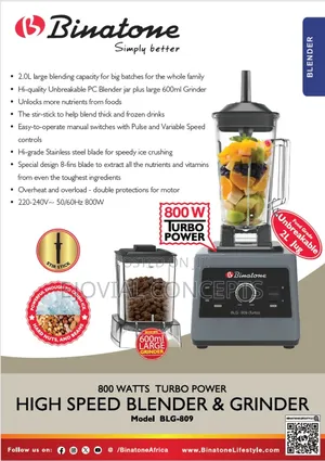 Binatone BLG-809 High-Speed Blender Grinder — 800w Turbo Power