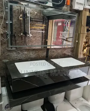 Bathroom Vanity With Double Counter Top Basin and Lead Light Mirror