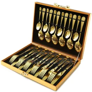 Golden Wooden Box Flatware 24pcs Cutlery