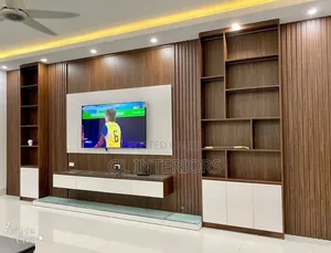 Tv Console With Wood Finish and Wall Panel , Full Wall