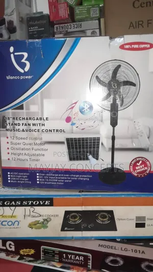 Bianco 18-Inch Rechargeable Solar Fan With Music and Voice Control