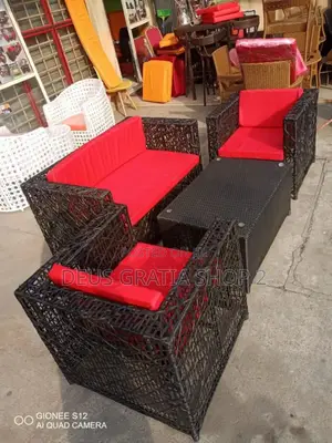 "Quality Rattan Outdoor Sofa Set With Red Cushions + Table – Lagos"