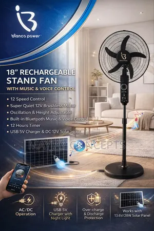 Bianco 18-Inch Rechargeable Solar Fan With Music and Voice Control