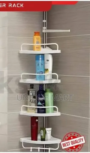 Multi-Corner Tension Pole Shower Caddy With Four Adjustable Shelves.