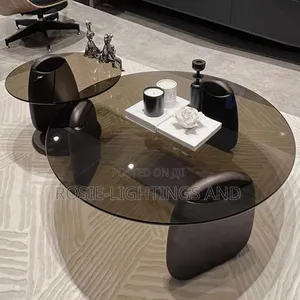 Aesthetic Modern Dark Glass Coffee Table and Stool ( Wood Base)