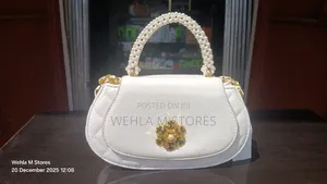 Beaded Handle Chain Shoulder White Bag