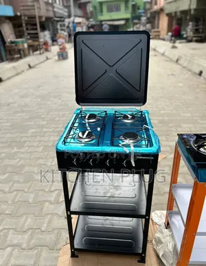 4-Burner Gas Cooker With a Stand That Includes Two Shelves.