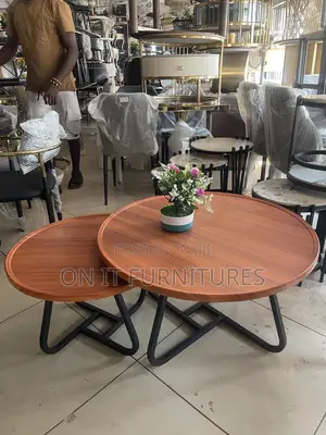 Modern Round Nesting Coffee Table Set – Brown Wood Black Metal