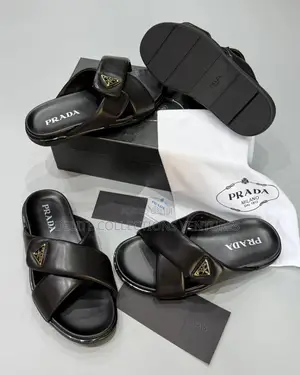 Original Prada Logo Plaque Brushed Cross Leather Slides Now Available
