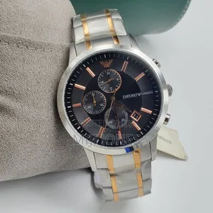 *Original Emporio Armani Two‐Tone Chain Black‐Dial Chronograph Watch*