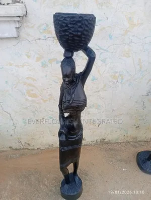 Wood Statue Sculpture Woman With Calabash on Head