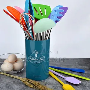 Multicolor Silicone Cooking Utensil Set With a Holder.