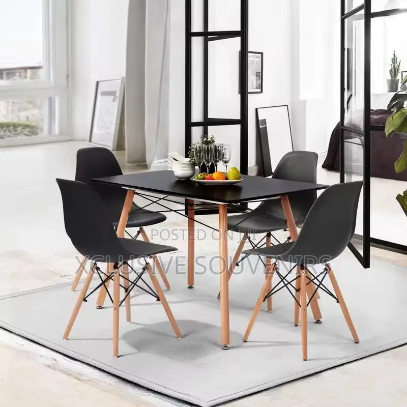 Simple Round/Rectangle Shape 4 Seater Dining Set With Solid Wood Foot