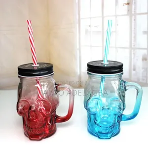 Glass Skull Manson Jar With Lids and Straw