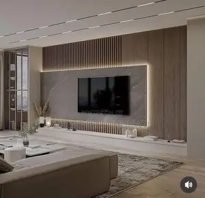 Modern Tv Feature Wall With Wooden Panels Led Accent Lighting