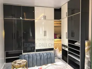 L-Shape Wardrobe With Drawers, Hanging Rails Glos Grey-White Finish”