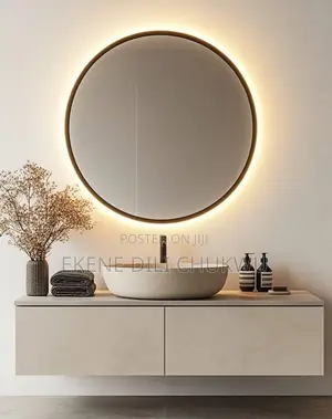 Modern Toilet Vanity Circle Mirror, Led Tap Light Suspend Console