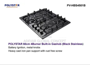 Polystar 60cm 4 Burner Built in Gas Hob (Black Stainless)