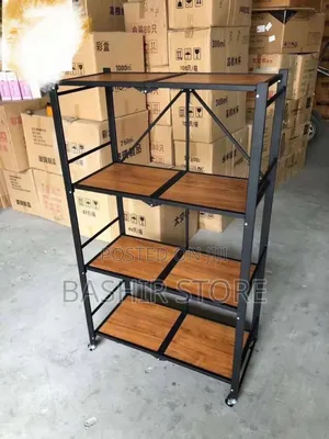 Four-Layer Foldable Metal Storage Rack With a Wood-Look Top Shelf.