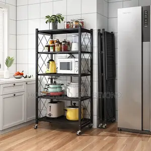 5-Tier Foldable Kitchen Storage Rack With Wheels - Kitchen Organizer