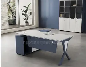 White And Blue Executive Office Table With Side Extensions