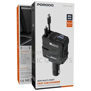 Porodo 66w Car Charger With Retractable Lightning Type-C Cable