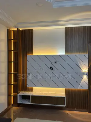 “Luxury Tv Wall Unit With Egger Wood Finish and Wooden Strip Design”