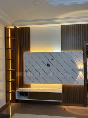 “Luxury Tv Wall Unit With Egger Wood Finish and Wooden Strip Design”