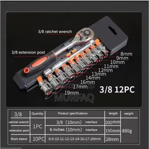 12pcs 3/8 Socket Ratchet Wrench Set With Extension Rod 10 Sockets